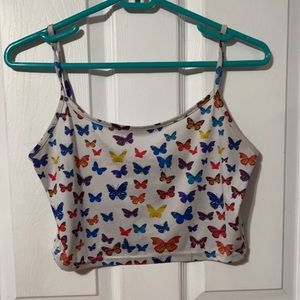 white tank top with multi color butterfly’s